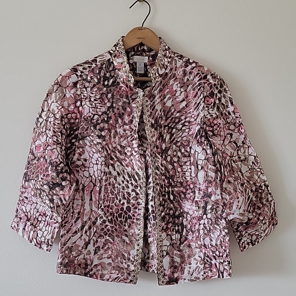 Chico's Pink Brown Sequin Beaded Trim Linen Blend Open Front Jacket Size Small S